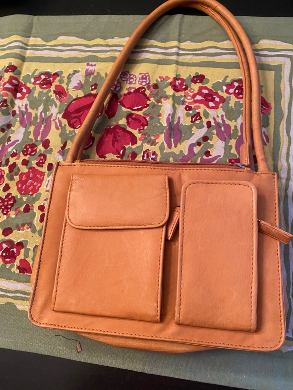Classic Tan Leather Shoulder Bag with Front Pockets